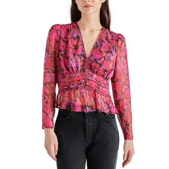 STEVE MADDEN Women's Azura Floral-Print V-Neck Peplum Pink Top Size Medium - Picture 1 of 13